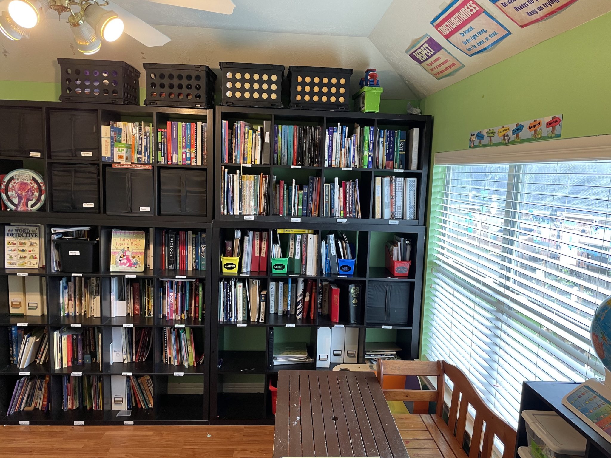 Most of our school room furniture we have purchased from IKEA. The cubicle model KALLAX bookshelves are our favorite!
