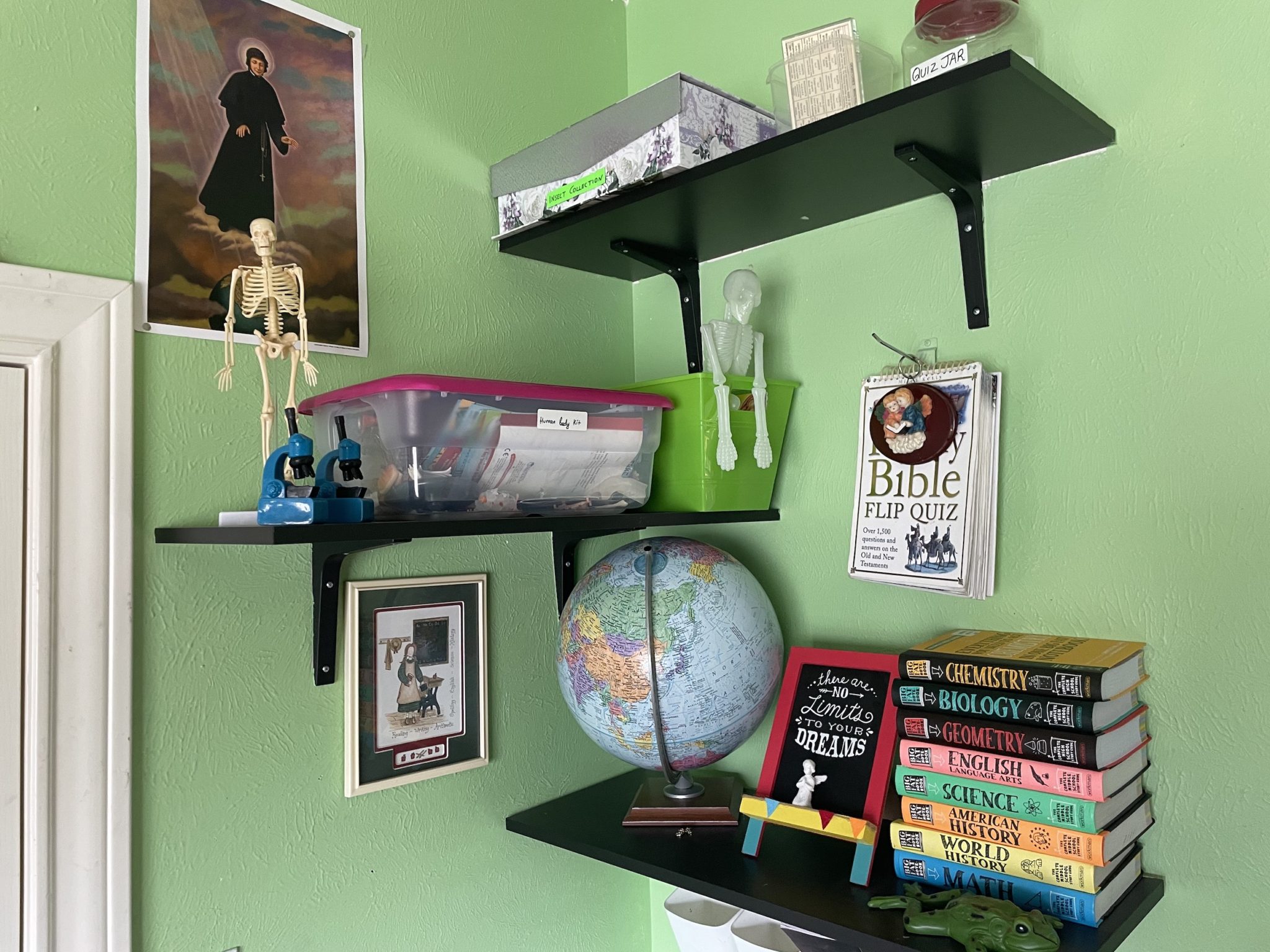 Corner shelves add space for small things and displays. 